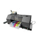 Overhead angled view of the Uninet DTF 1200 Dual Head Printer with ink bottles, waste bottle and a color transfer emerging