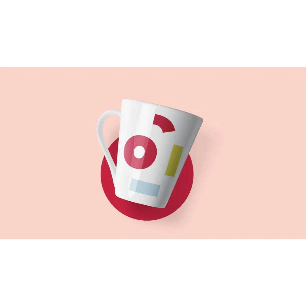 White ceramic mug with geometric sublimated design produced by the uninet icolor 350 sublimation printer on pink