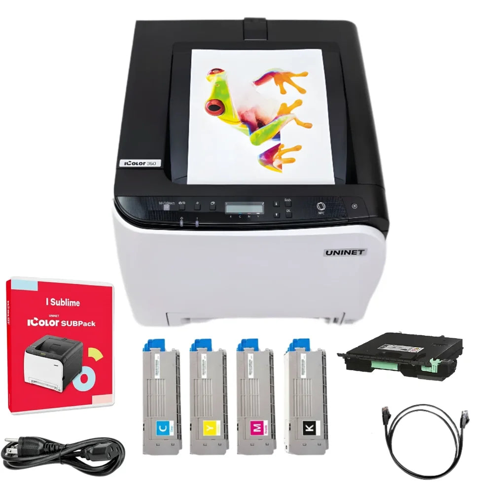 UNINET icolor 350 sublimation printer bundle with CMYK toner cartridges, SUBPack software, power cable and Ethernet cable
