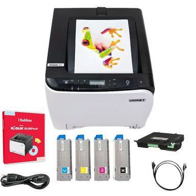 UNINET icolor 350 sublimation printer bundle with CMYK toner cartridges, SUBPack software, power cable and Ethernet cable