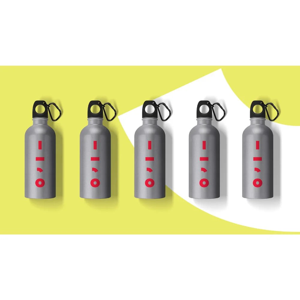 Five silver sport bottles with red sublimated graphics produced by the icolor 350 sublimation printer on a yellow backdrop