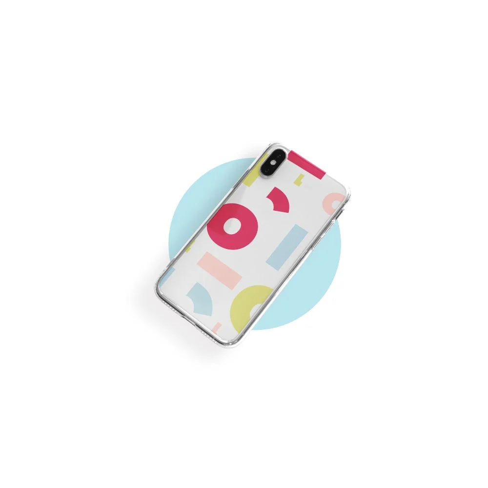 Clear phone case with pastel geometric sublimated shapes produced on the icolor 350 sublimation printer over a blue accent