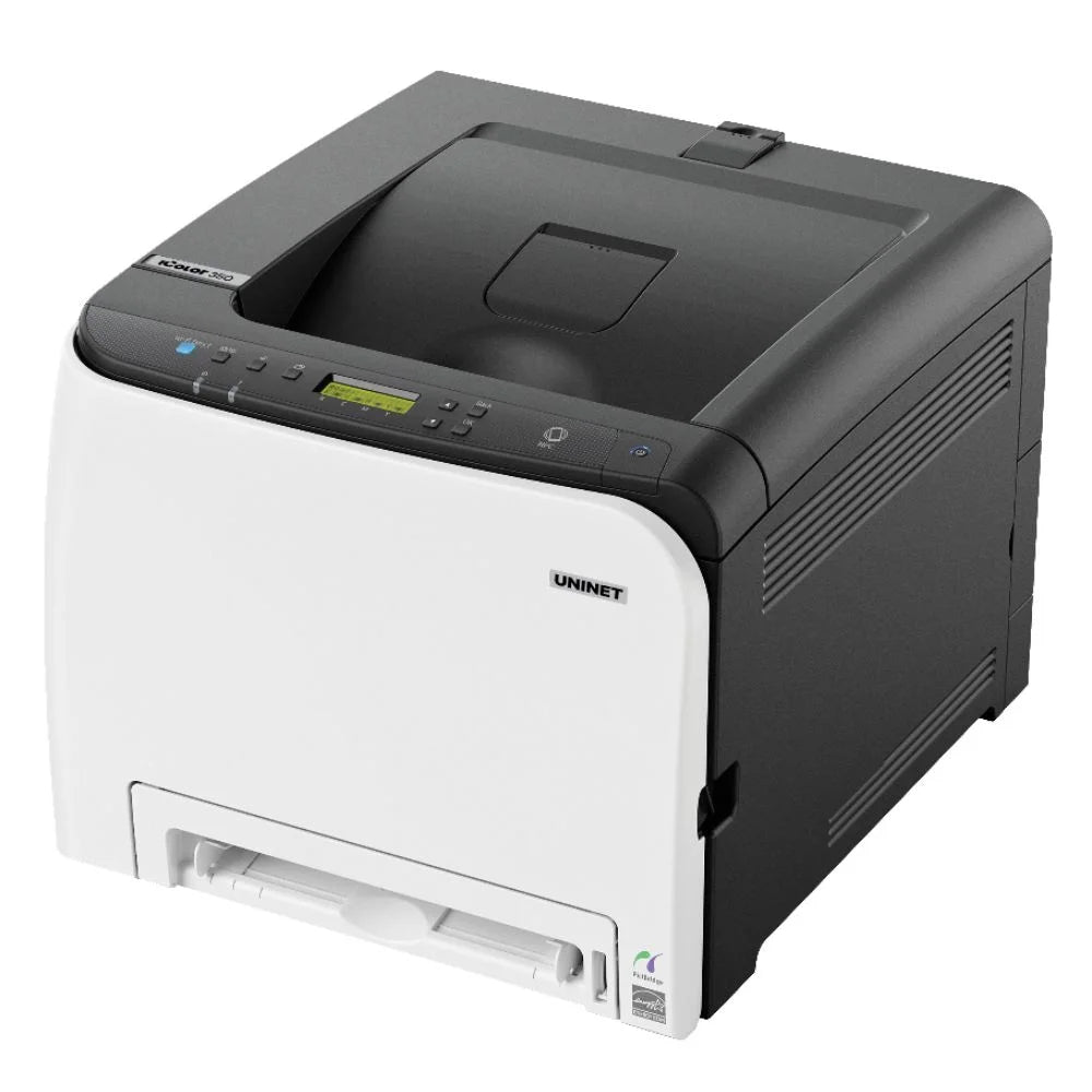Front-left angled view of the uninet icolor 350 printer with grey and black body and front paper tray on white