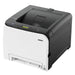 Front-left angled view of the uninet icolor 350 printer with grey and black body and front paper tray on white