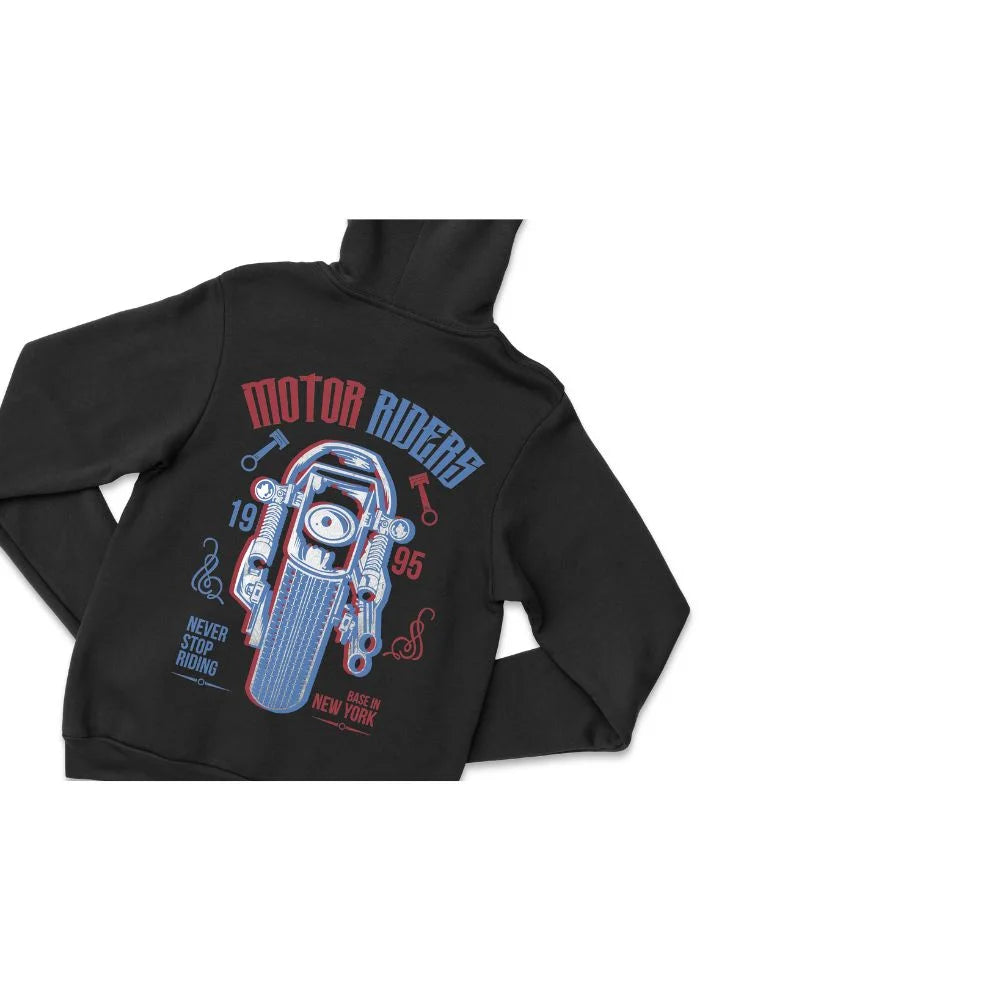 Black hoodie back with red and blue motorcycle print transferred using the uninet 560