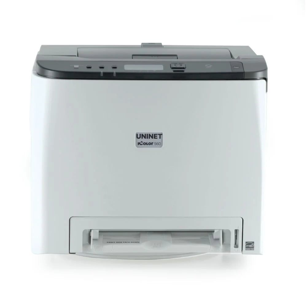 Front view of the uninet icolor 560 showing control panel and front paper tray on white background