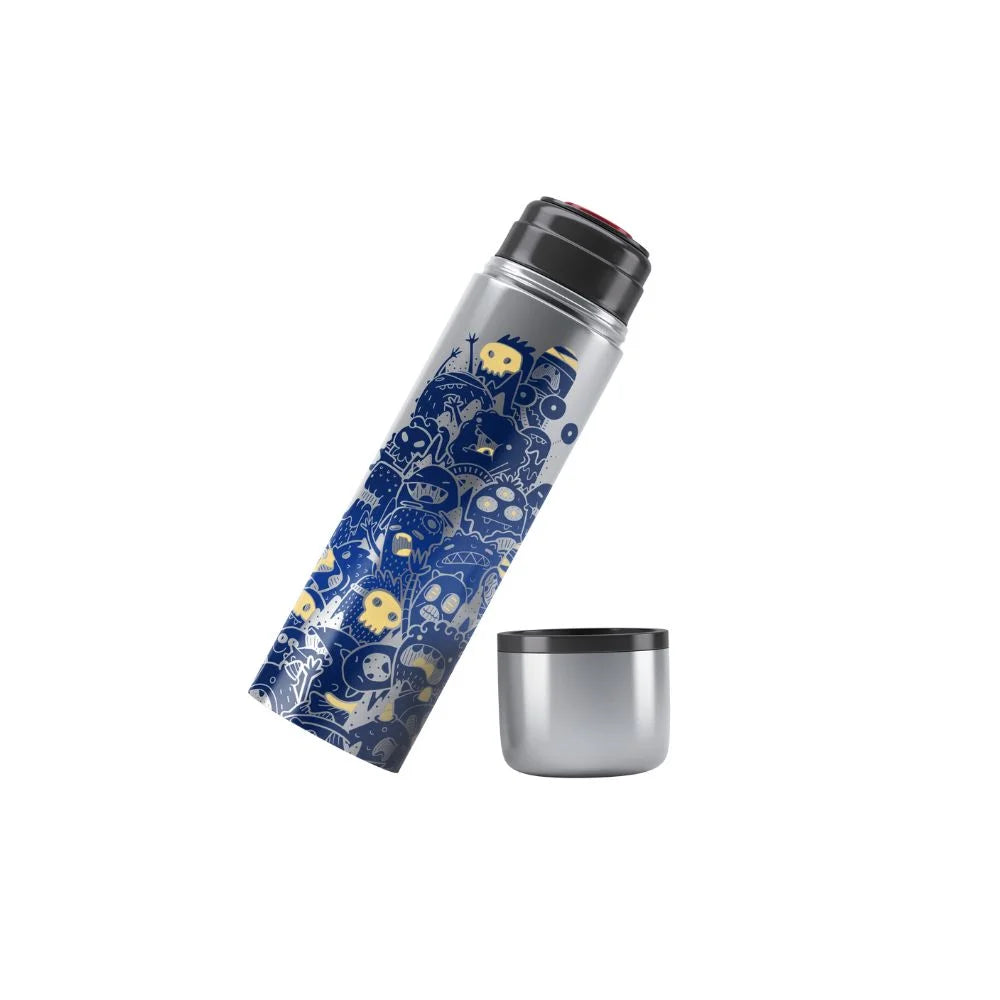 Stainless steel bottle with wrapped monster doodle print produced on the icolor 560 printer