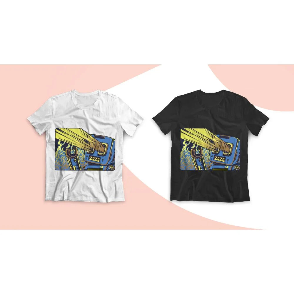 White and black t-shirts with matching robot print showing light and dark apparel transfers from the uninet icolor 560