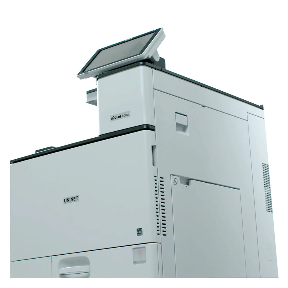 Angled close-up of the icolor 800w upper housing showing the tilted touchscreen panel and side ventilation grilles