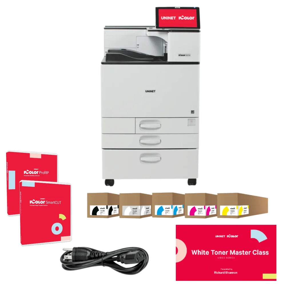 Complete bundle for the all in one printer uninet 800 printer with software, CMYW toner boxes, power cord and master class