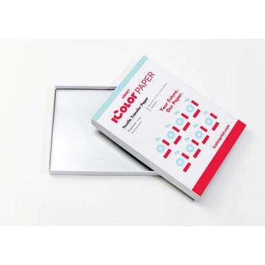 Open pack of IColor Premium 2-Step Transfer and Adhesive Paper A4 showing printed lid and 100 sheet A4 textile transfer paper