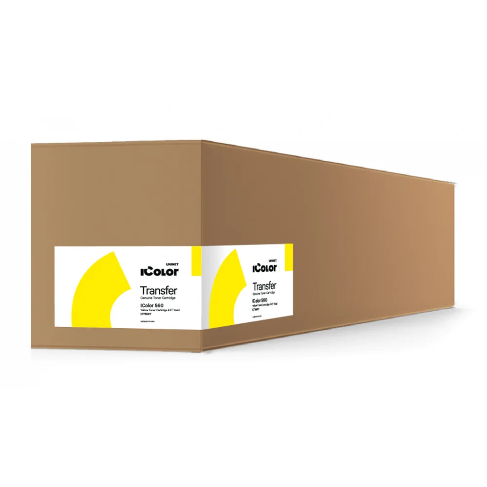 A UNINET Toner Cartridge box in brown shows yellow IColor 560 graphics and ICT560Y ID on a transparent background.