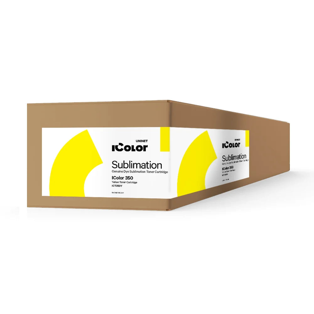 Angled box for the UNINET Toner Cartridge, labeled IColor 350 yellow dye sublimation cartridge ICT350Y