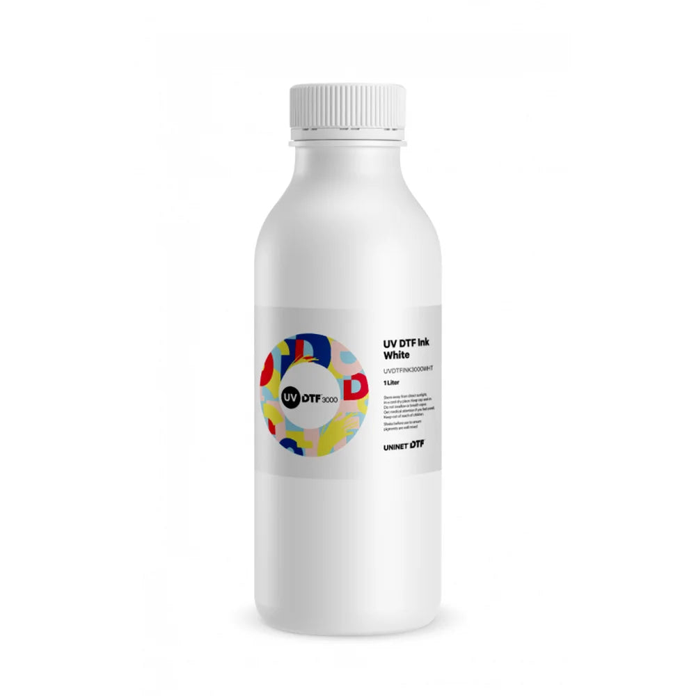 One liter Uninet White Ink for UV DTF 3000 Printer bottle standing upright with ribbed cap and labeled front on a clean white background