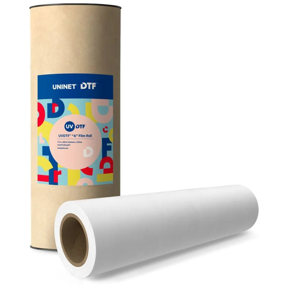 UVDTF A Film Roll with UNINET branded shipping tube, a 17 inch consumable for the Wide UV DTF Roll Fed Printer