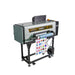Side-angle view of the Wide UV DTF Roll Fed Printer on its stand showing the roll feed and printed sticker sheet