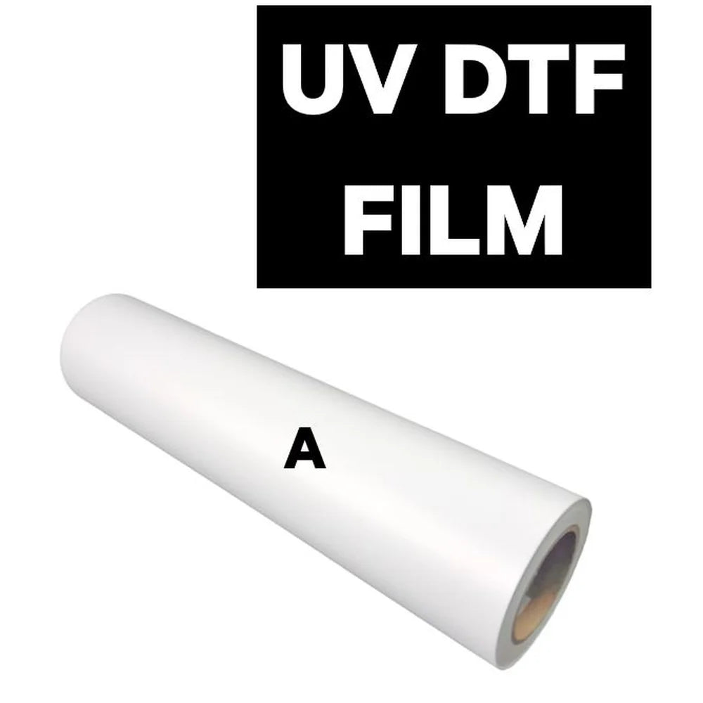 Angled UNINET 17 in UVDTF A Film Roll on white background marked with letter A and a UV DTF Film text panel