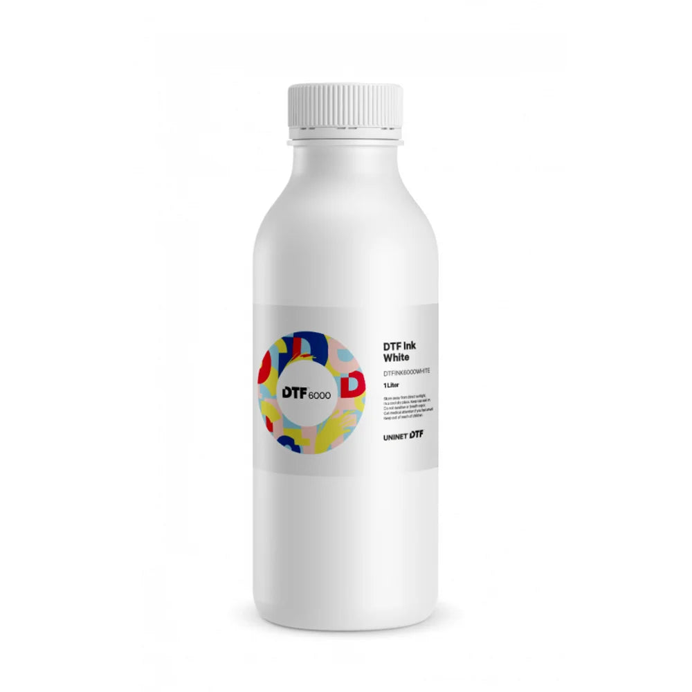 Front bottle view of UNINET 1L White DTF Ink for 6000 Models with a white cap and DTF 6000 label