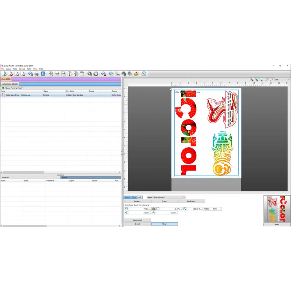 IColor ProRIP software screen used in the UNINET White Toner Master Class Training showing a colorful gang sheet layout with print queue tools
