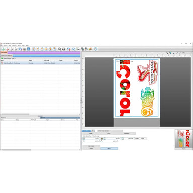 IColor ProRIP software screen used in the UNINET White Toner Master Class Training showing a colorful gang sheet layout with print queue tools