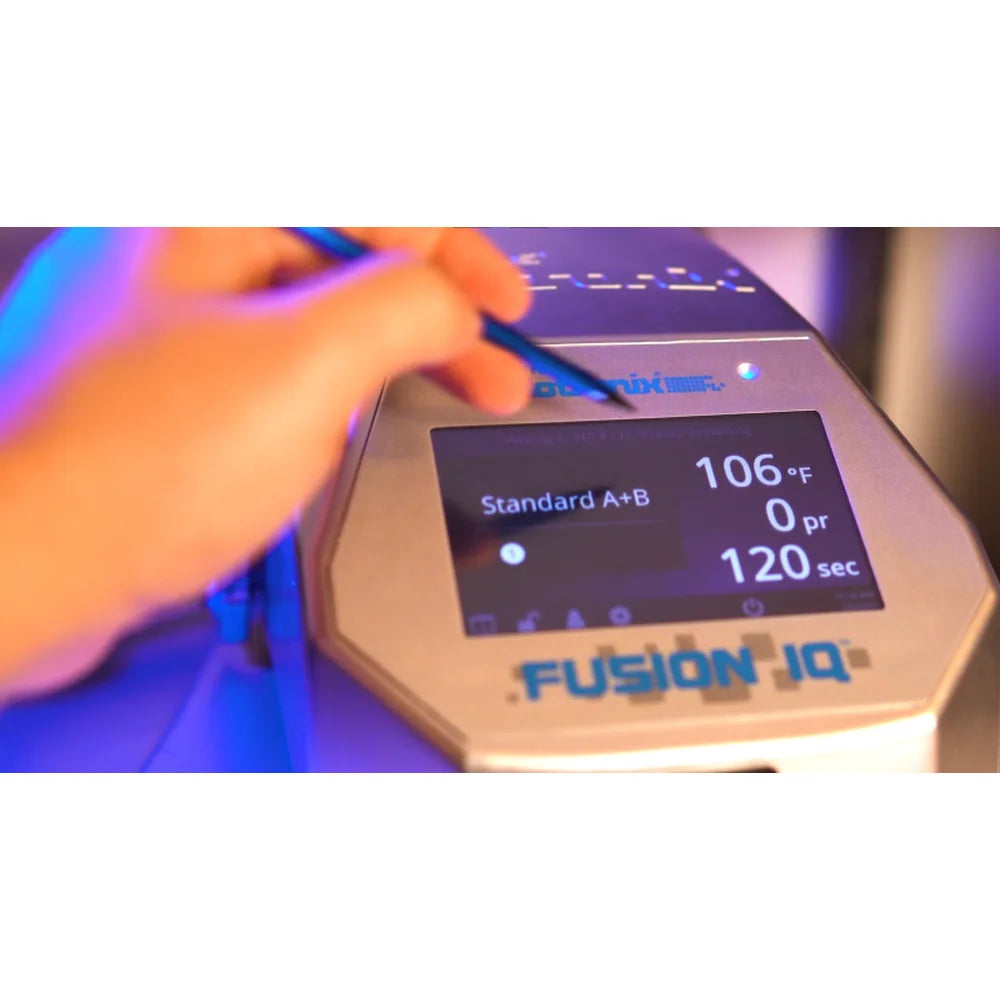 Fusion JQ heat press touchscreen set to 106 degrees and 120 seconds demonstrated during the UNINET White Toner Master Class Course