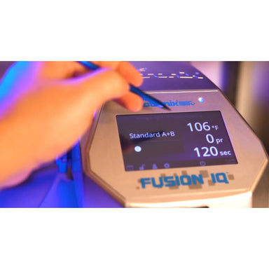 Fusion JQ heat press touchscreen set to 106 degrees and 120 seconds demonstrated during the UNINET White Toner Master Class Course