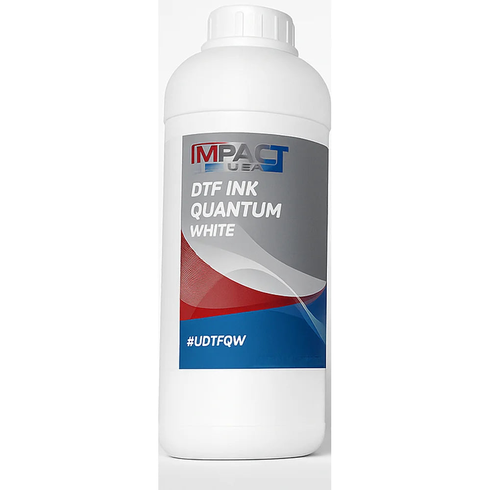 White Impact Quantum 1kg CMYK DTF Ink bottle in a straight-on view with red and silver label graphics