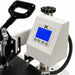 Close-up of the Geo Knight DK14S Transfer Press Machine controller with blue screen and four push buttons