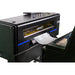 dtf 4300 close-up of front film output area feeding a printed graphic toward the shaker inlet