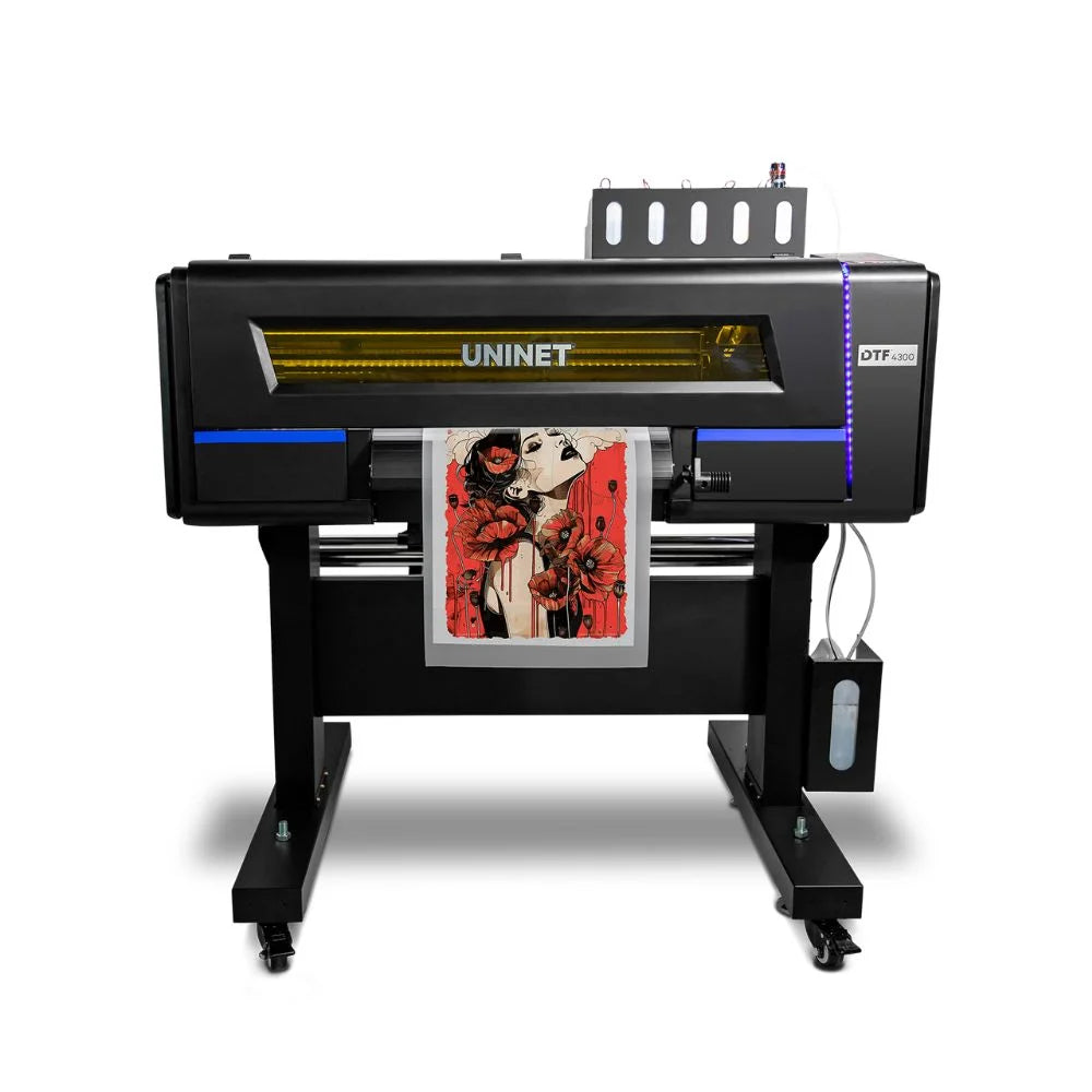Uninet 4300 17in DTF Printer front view on rolling stand printing a red floral portrait onto transfer film