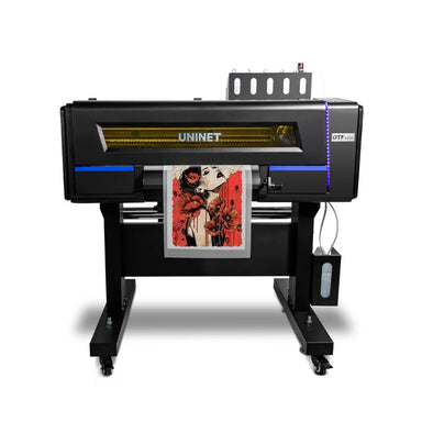 Uninet 4300 17in DTF Printer front view on rolling stand printing a red floral portrait onto transfer film