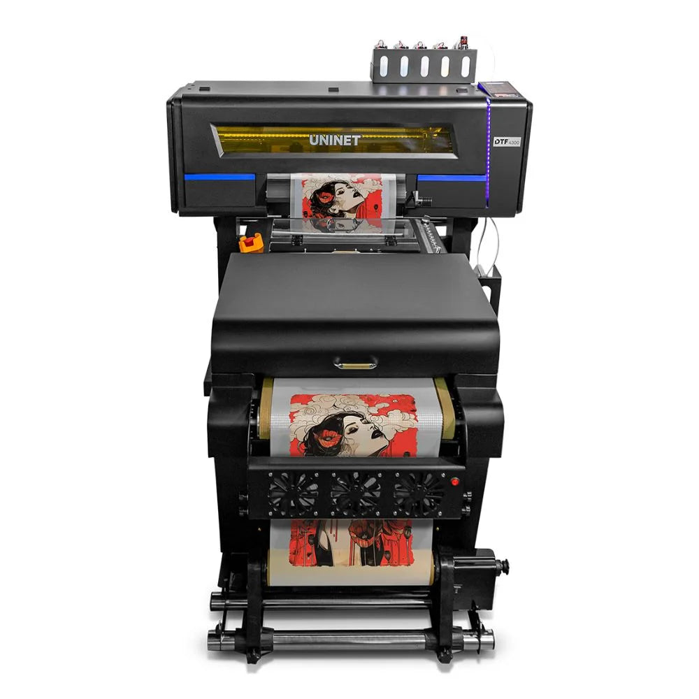 uninet dtf 4300 full roll-to-roll system with printer, shaker and curing unit stacked and film feeding through