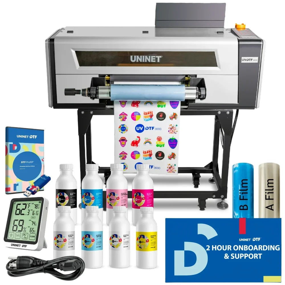 Complete uninet uv dtf 3000 bundle with printer, eight ink bottles, RIP software, hygrometer, and A and B film rolls