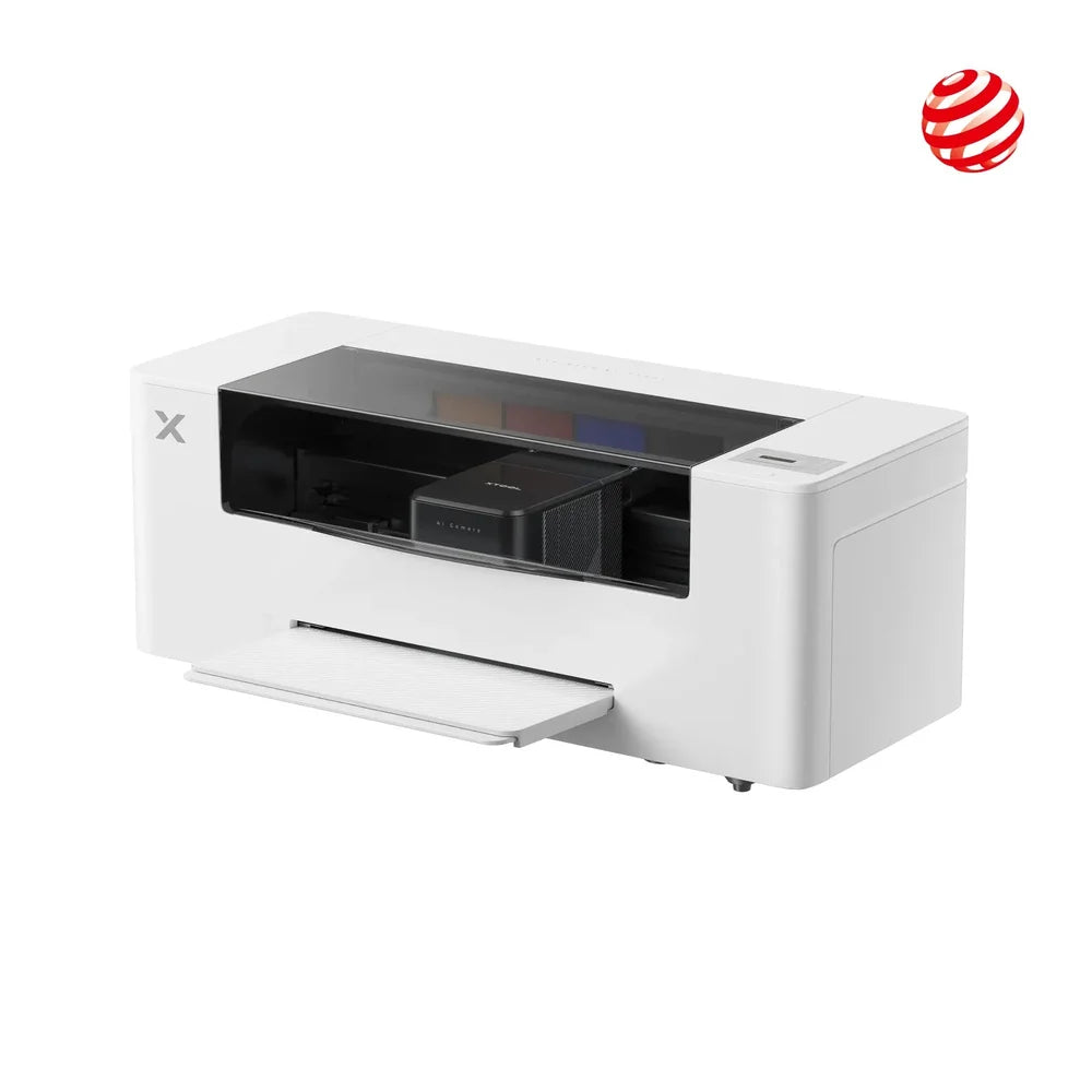 Three-quarter view of the xTool Apparel Printer shaker oven companion printer with its output tray open