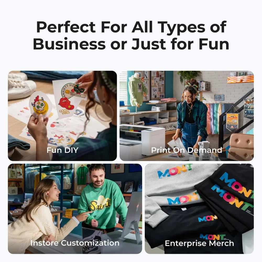 DIY, print-on-demand, retail and merchandise uses shown beside the xTool Apparel Printer price