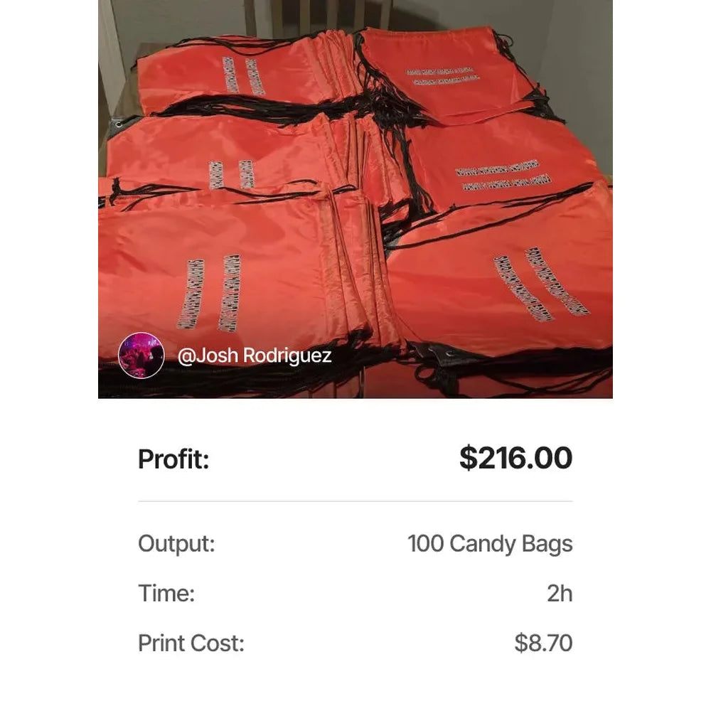 Orange candy bag batch with time and cost figures from an xTool Apparel Printer price project