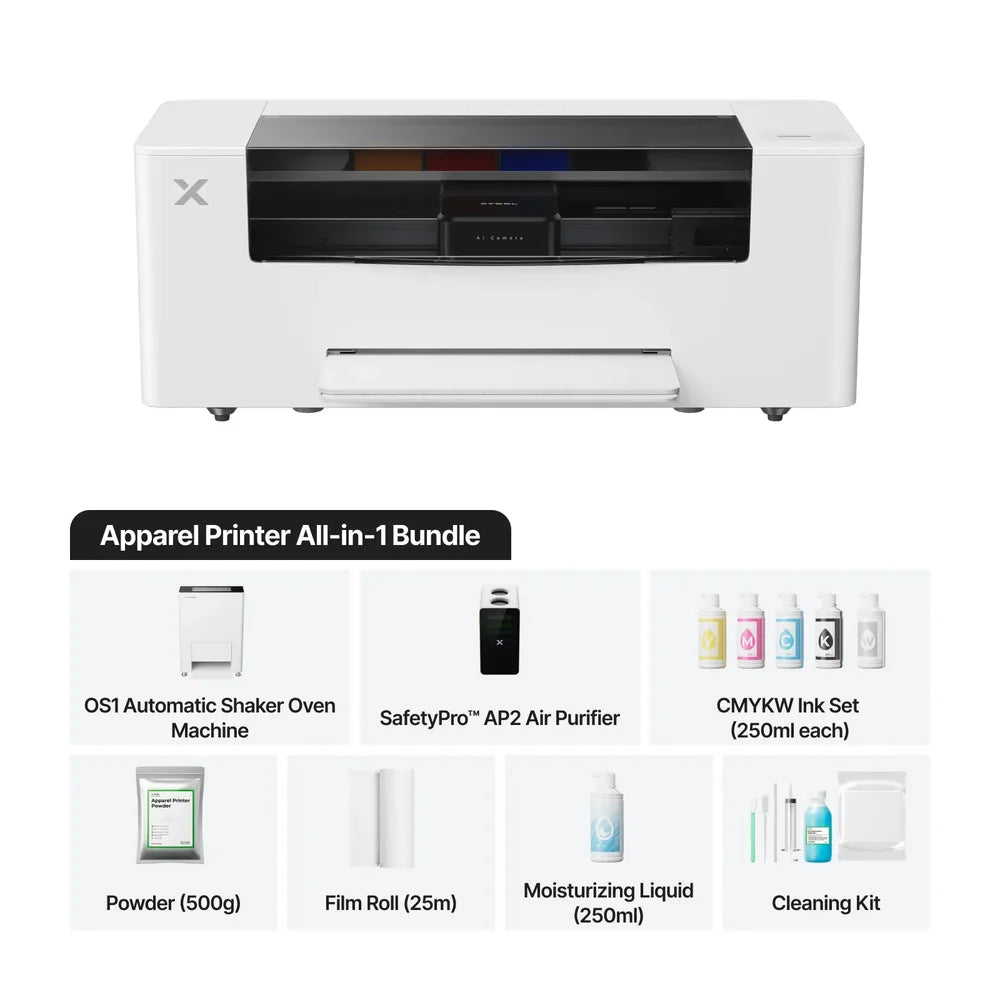 All-in-one xTool Apparel Printer setup package with OS1 oven, AP2 purifier, inks, powder, film and cleaning kit