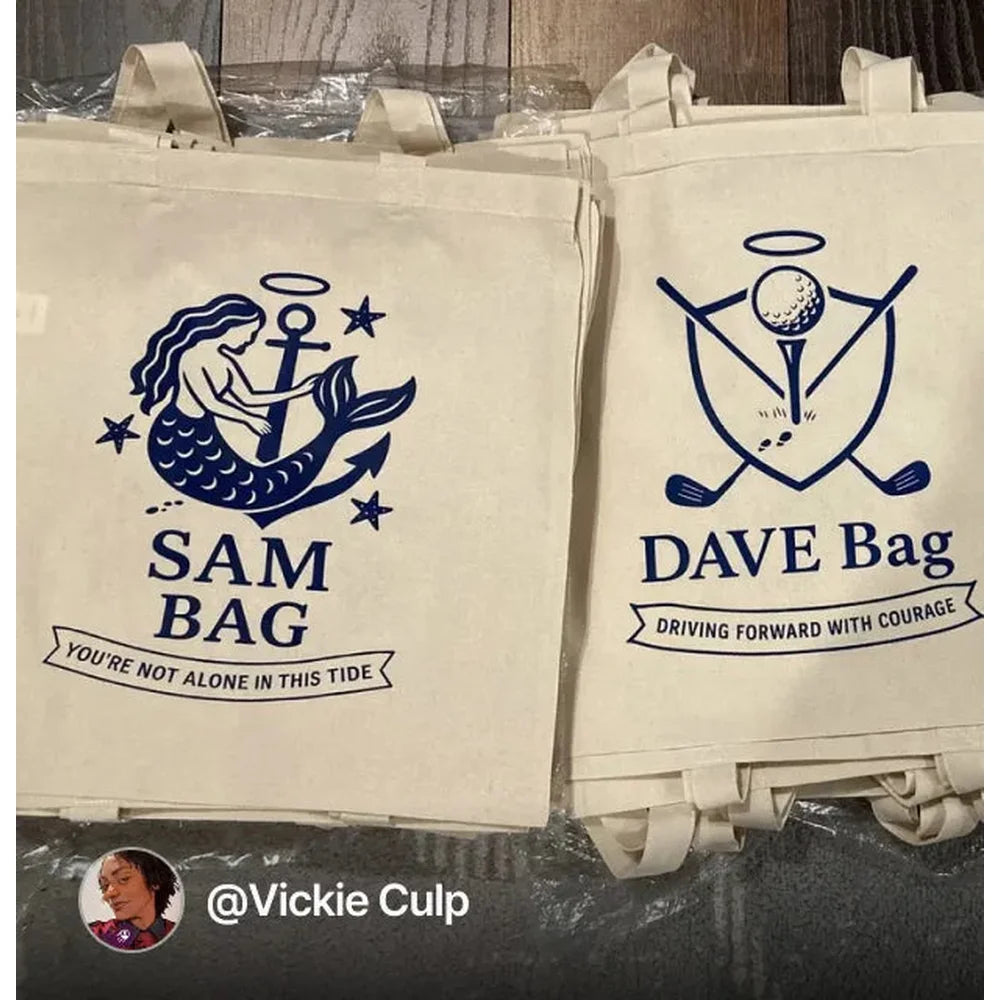 Cream canvas tote bags with navy emblems made through the xTool Apparel Printer setup process