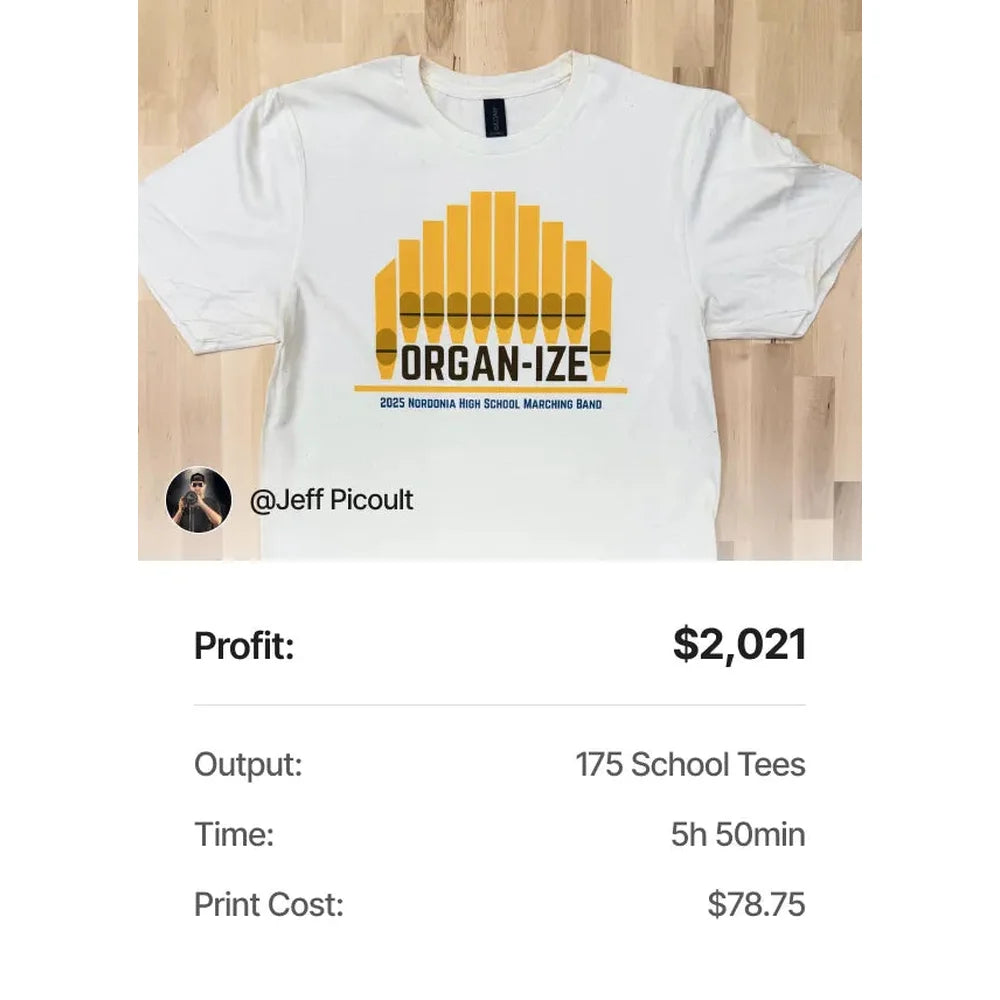 School shirt output, time and cost figures shown for xTool Apparel Printer software production