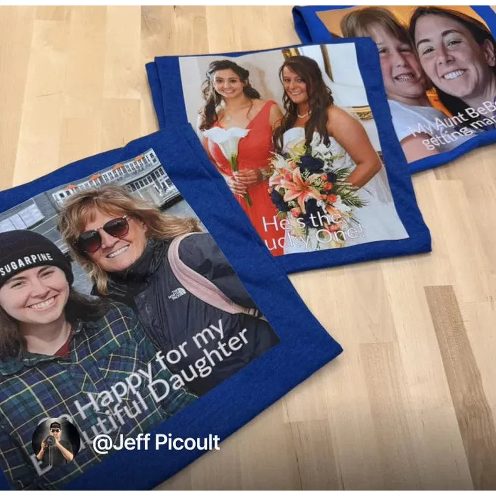 Personal photo prints on blue tote bags made at the xTool Apparel Printer price