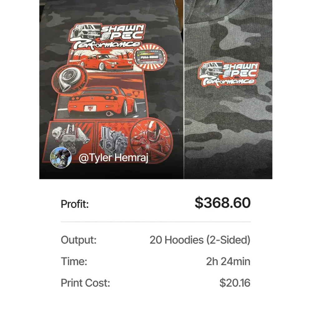 Two-sided automotive hoodie project with production figures for the xTool Apparel Printer price