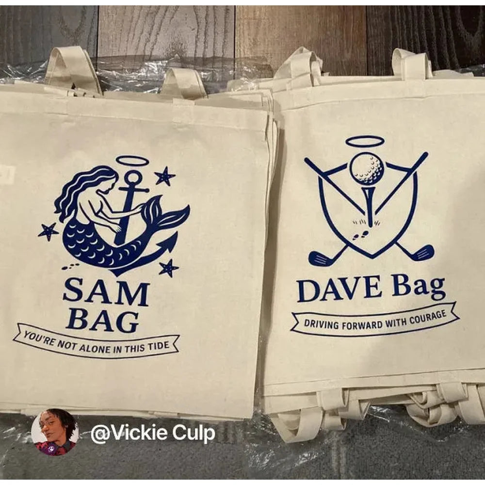Cream tote bags with navy emblems printed through the xTool Apparel Printer software workflow