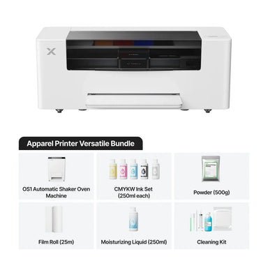 Versatile xTool Apparel Printer setup package with OS1 oven, inks, powder, film and cleaning supplies