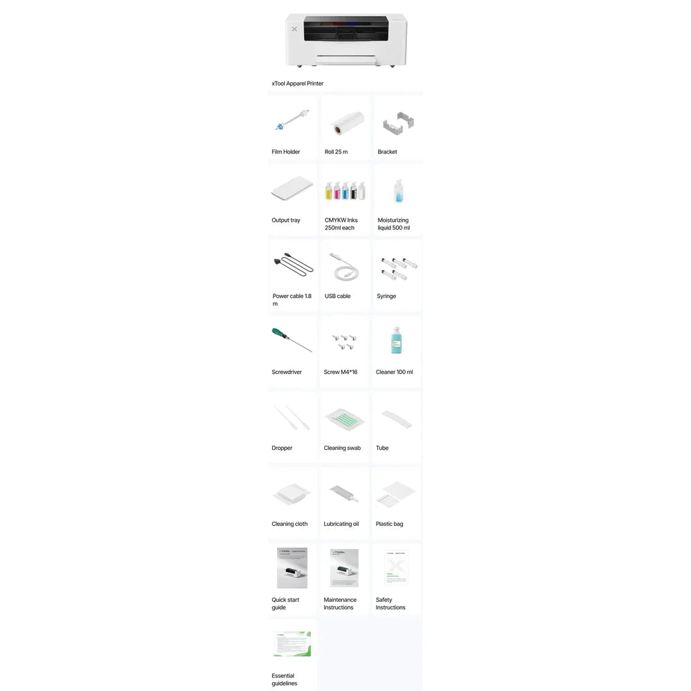 Tall package chart for the xTool Apparel Printer with film, inks, tools, cables and maintenance supplies