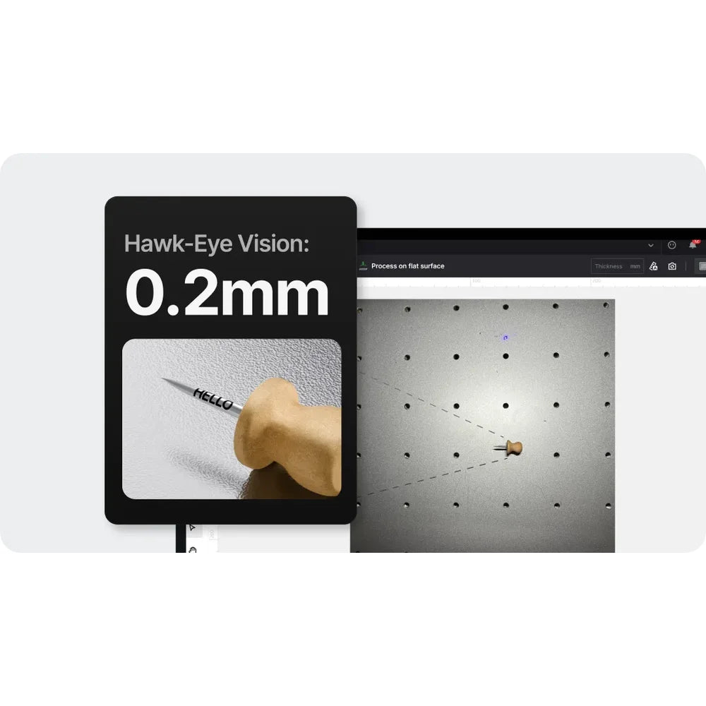 Camera preview shows a tiny pin and 0.2 mm positioning for xTool F2 Ultra Laser Engraver