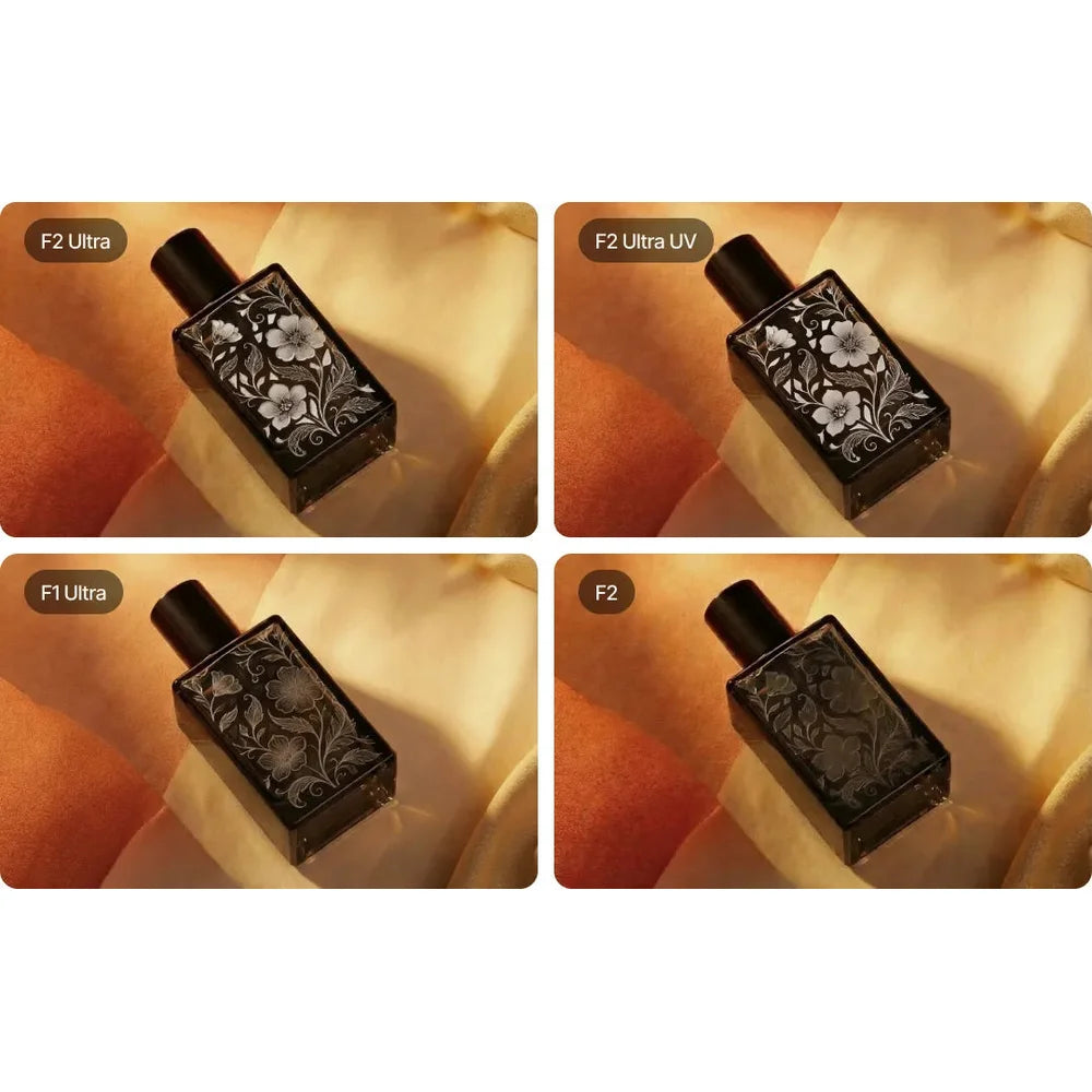 xTool F2 Ultra Color Engraving sample compared on a black floral perfume bottle across four machines