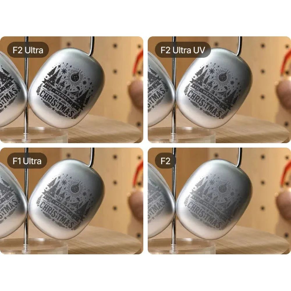 Silver ornament marking results from four machines including the xTool F2 Ultra Laser Engraver