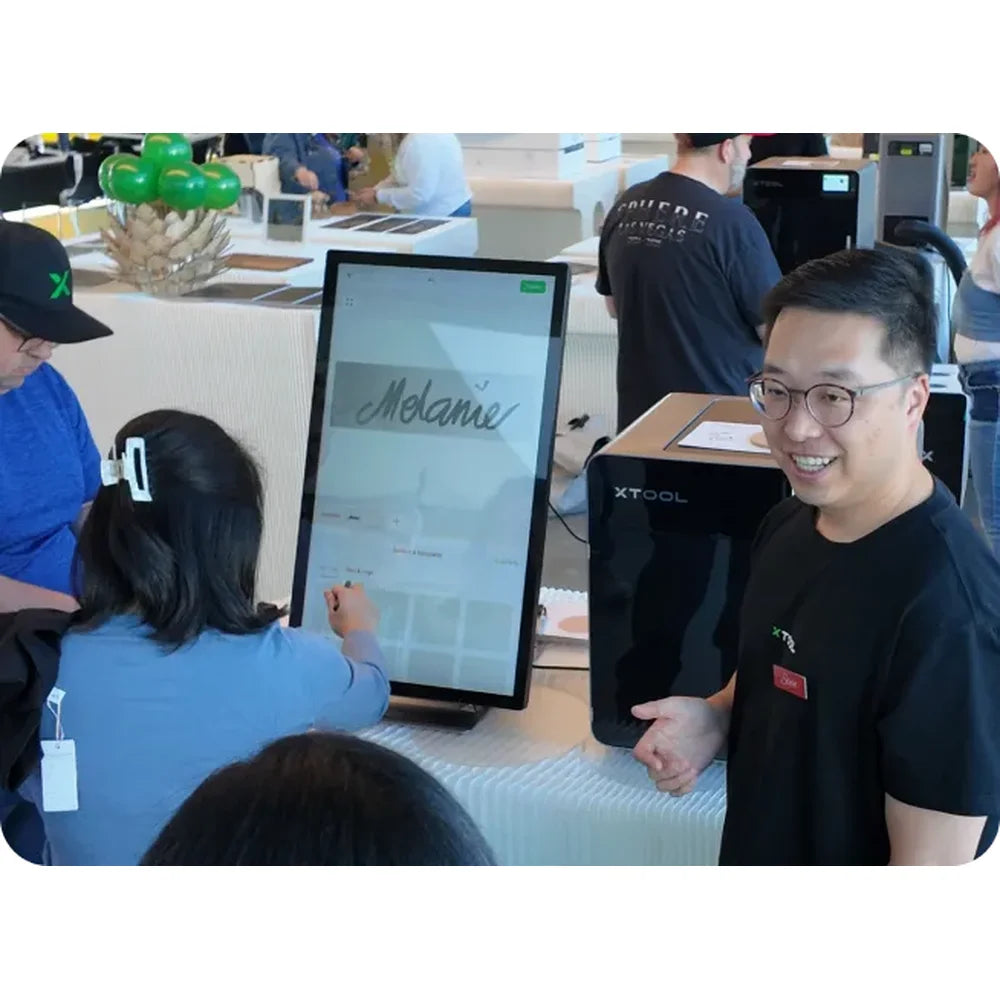 Event personalization station with touchscreen and xTool F2 Ultra Laser Engraver nearby