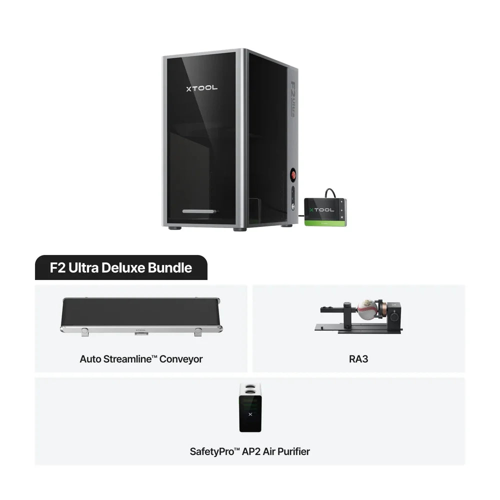 Deluxe xTool F2 Ultra UV Laser package with conveyor, RA3 rotary fixture and AP2 purifier