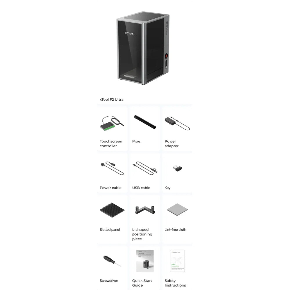 Mobile package layout for xTool F2 Ultra Color Engraving with controller, cables and tools